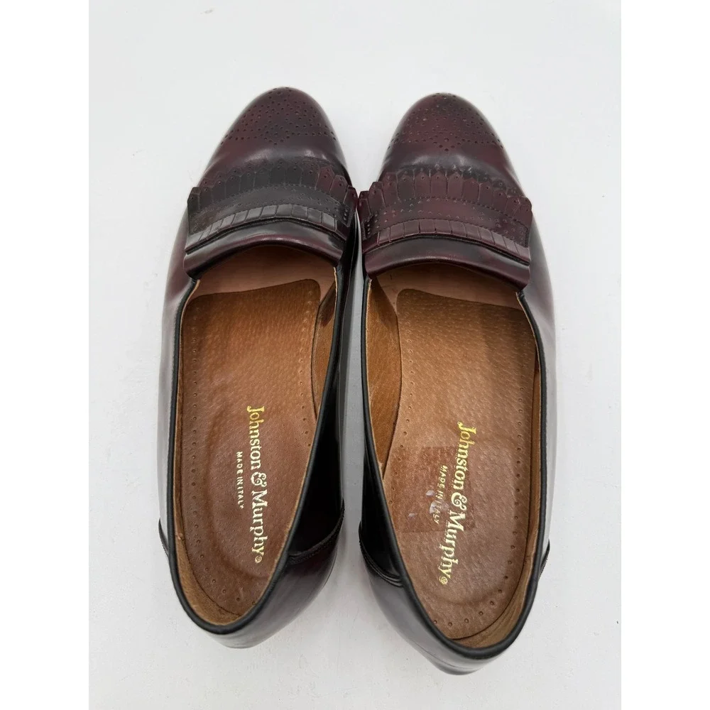 Johnston & Murphy Kiltie Loafers‎ Burgundy Leather Brogue Made in Italy Mens 10